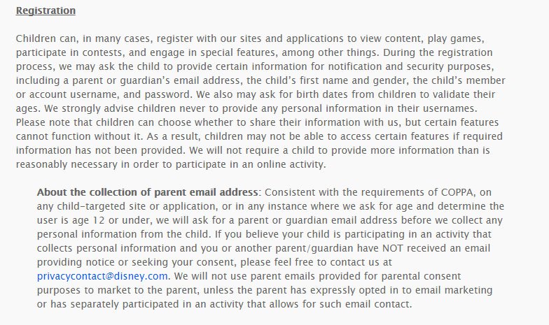 Disney Jr. COPPA Privacy Policy: Registration requires a parent email address