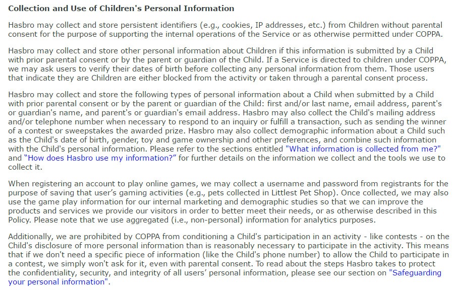 Hasbro COPPA Privacy Policy: Collection and Use of Children Personal Information